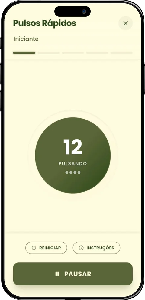 Tela do app Ritmo durante um exercício de Kegel guiado, mostrando quando contrair e relaxar