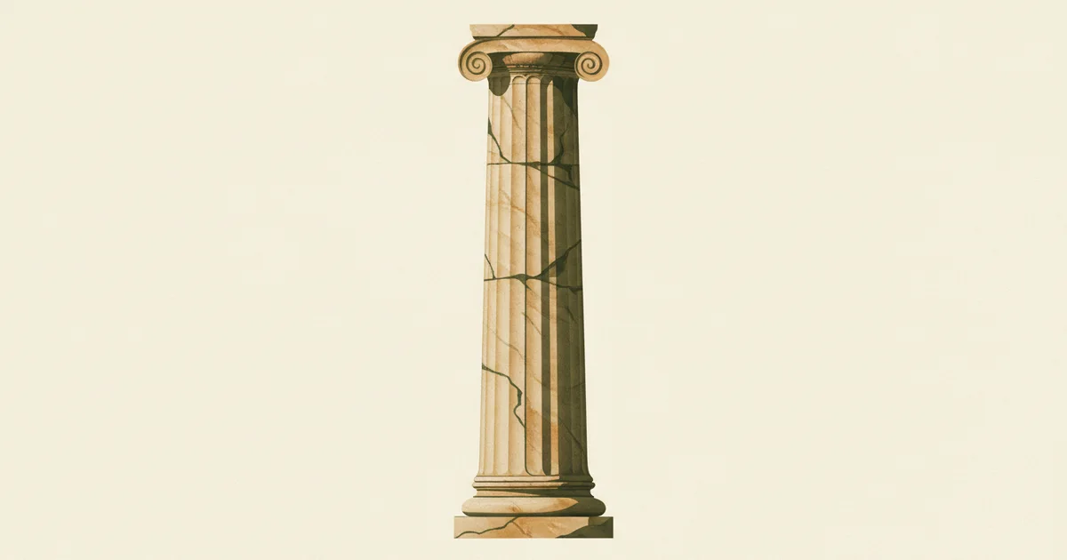 Escultura abstrata vertical de blocos sobrepostos em verde-musgo e terracota sobre fundo creme. Simboliza estrutura, suporte e firmeza, tema central da disfunção erétil.