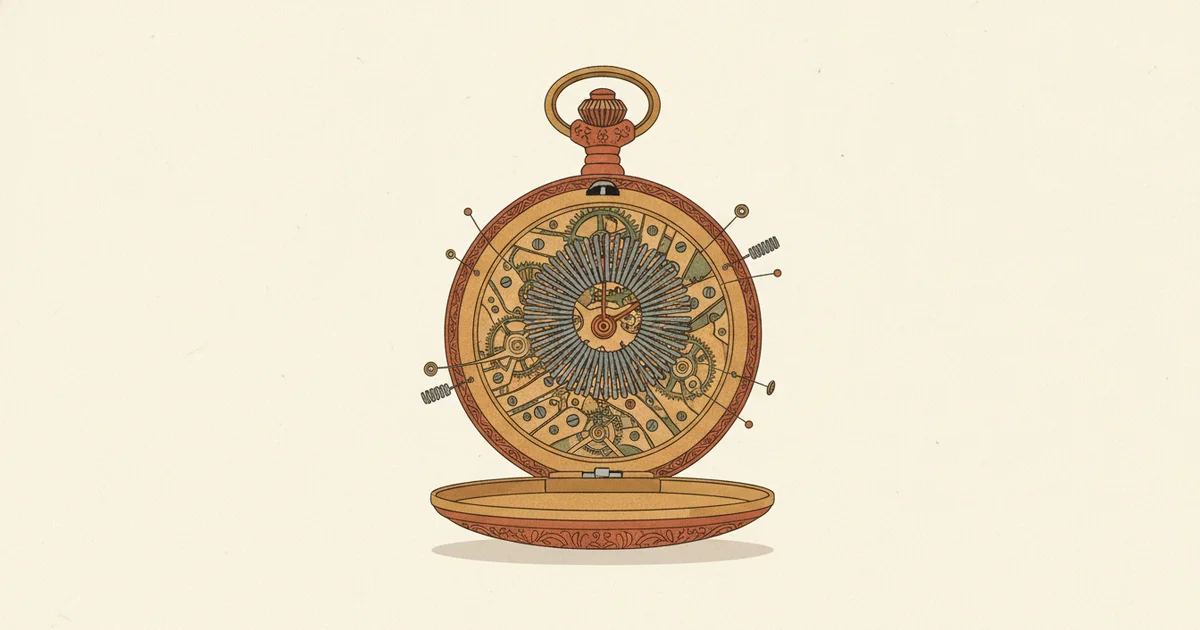 Ilustração editorial de um relógio de bolso antigo com a corda tensionada demais, em tons terra sobre fundo creme, representando o corpo mantido em estado de alerta pelo estresse.