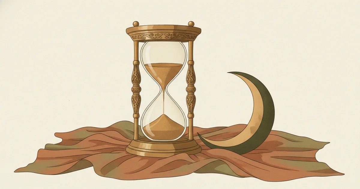 Ilustração editorial de uma ampulheta antiga ao lado de uma lua crescente, em tons terra sobre fundo creme, representando as horas de sono que o corpo usa para produzir testosterona.